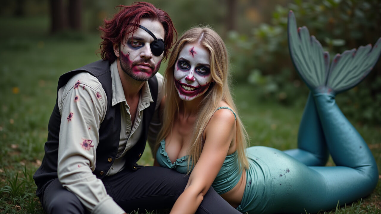 Zombie Pirate and Mermaid couple costume, eye patch, torn clothes, zombie makeup, mermaid tail, Casal com fantasia romântica e assustadora de pirata e sereia zumbi.