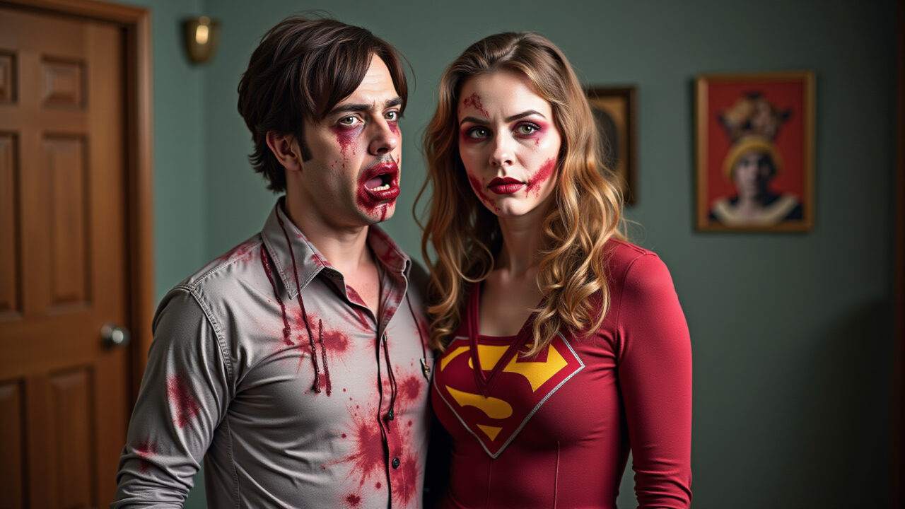 Zombie Sheldon and Amy (The Big Bang Theory) couple costume, blood stained dress, ripped superhero Casal geek com fantasia de Sheldon e Amy zumbis para o Halloween.