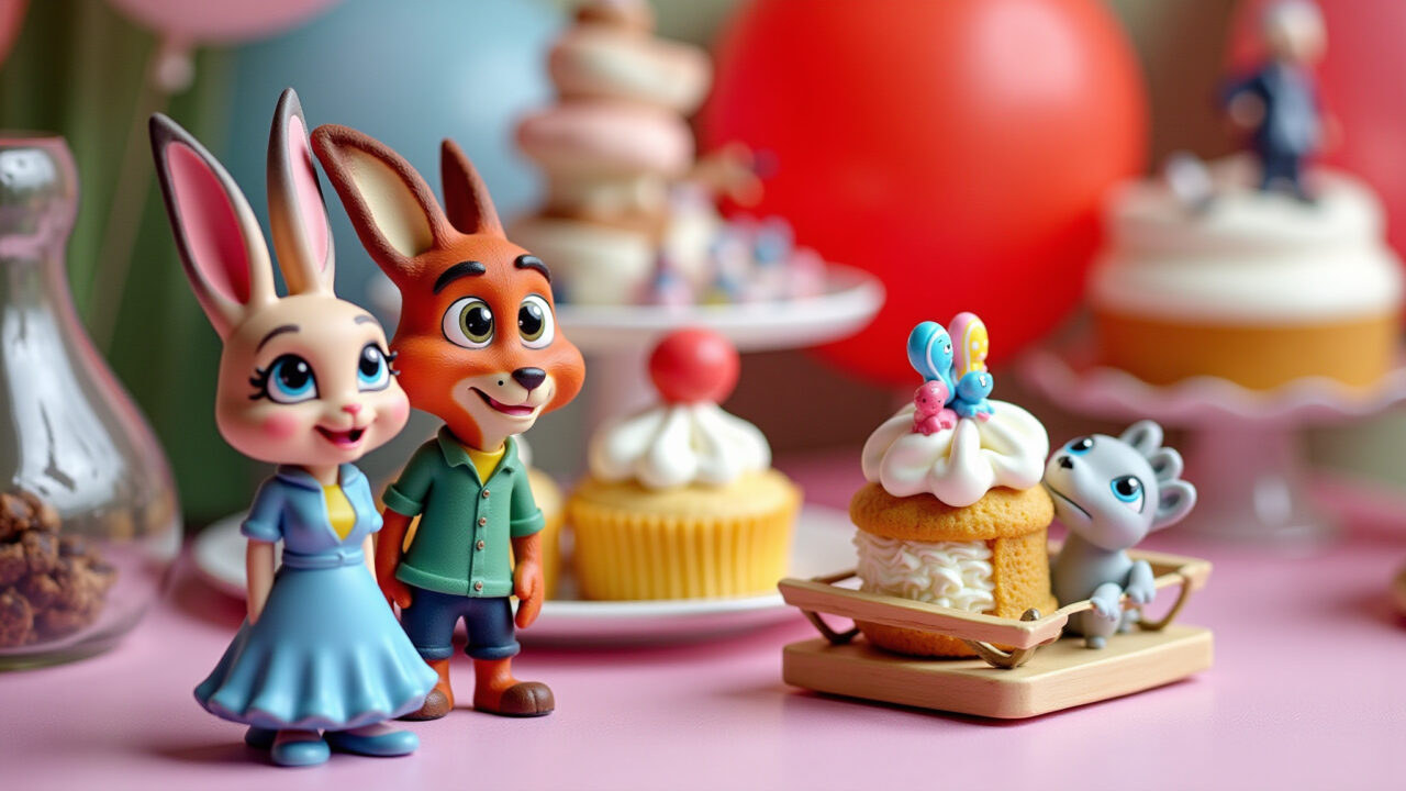 Mesa de festa Zootopia com Judy Hopps e Nick Wilde.