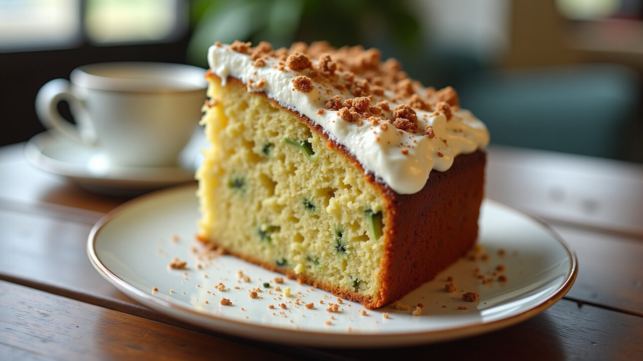 Zucchini cake with spices, slice, plate, cream cheese frosting, coffee, professional photography, Bolo de abobrinha com especiarias.