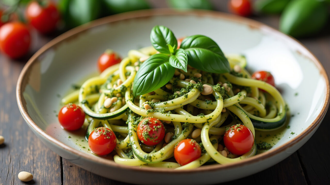 Zucchini noodles with basil pesto, cherry tomatoes, pine nuts, professional photography, 8K Macarrão de abobrinha com pesto de manjericão.