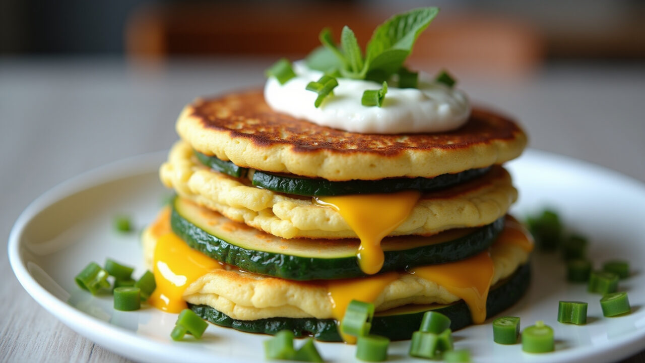 Zucchini pancake with cheese, stack, plate, cream cheese, nutritious breakfast, professional Panqueca de abobrinha com queijo.