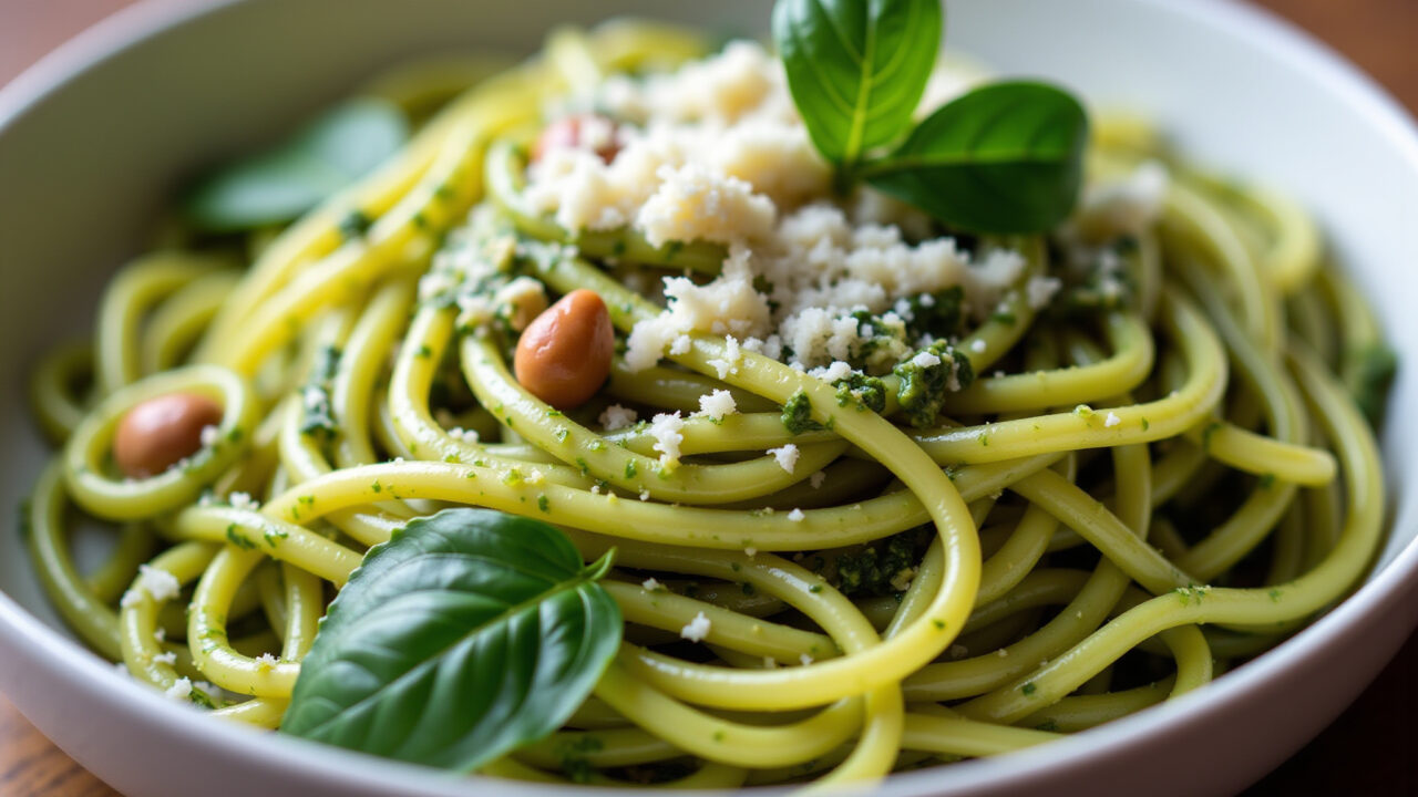 Zucchini spaghetti with pesto sauce, close-up, bowl, basil leaves, pine nuts, parmesan cheese, Espaguete de abobrinha com molho pesto.