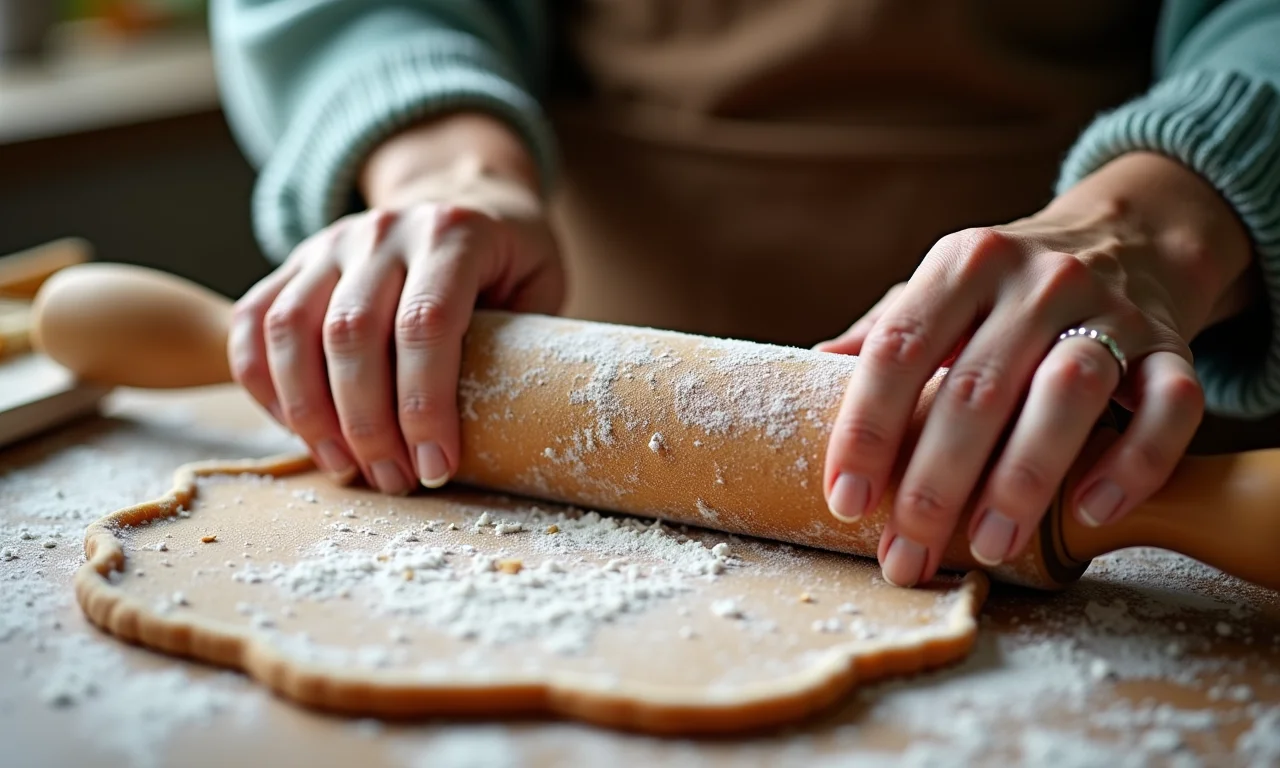 Abrindo a massa da casinha de biscoito sem grudar.