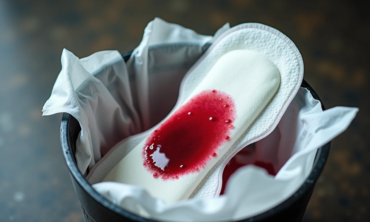 Absorvente descartado com coágulo de sangue no lixo.