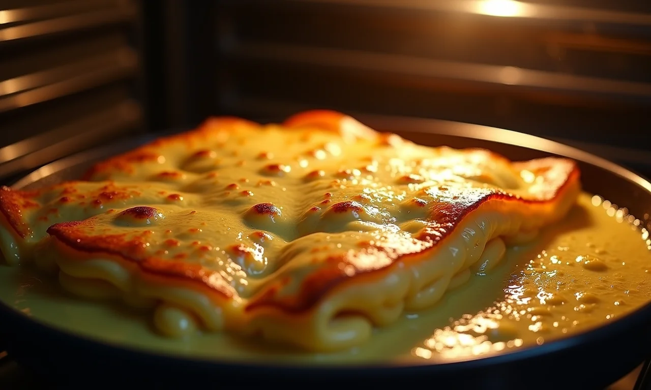 Acelga gratinada com molho bechamel e queijo parmesão borbulhando no forno.