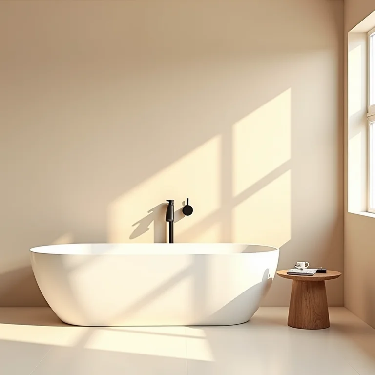 Acessórios em banheiro bege com revestimento 3D.