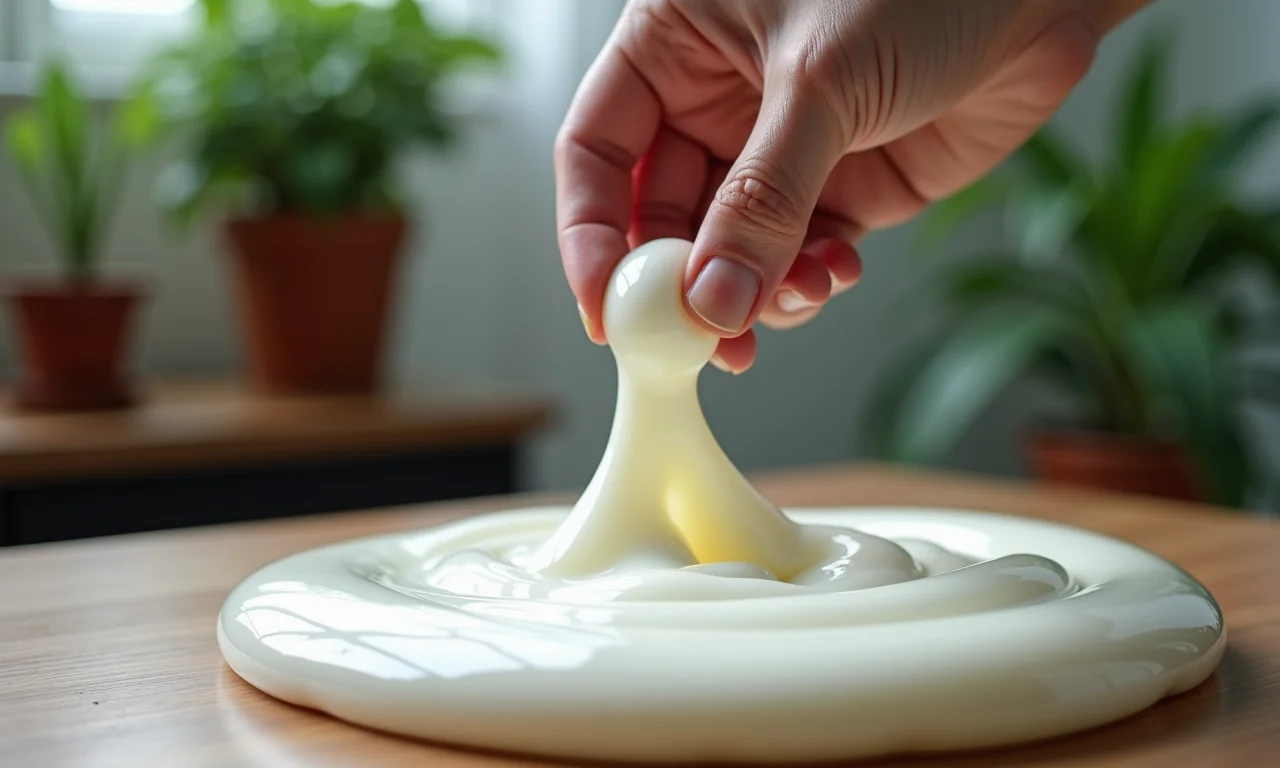 Adicionando detergente líquido para criar um slime texturizado.