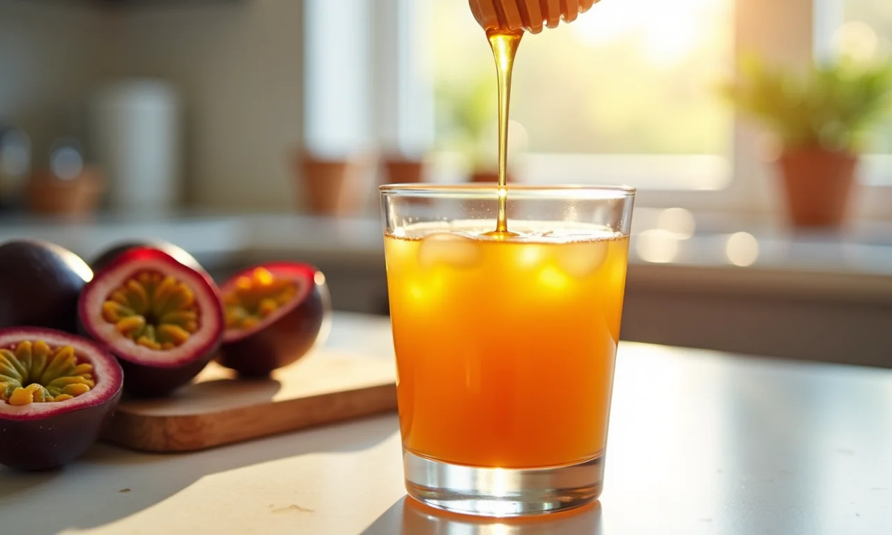 Adoçando o suco de maracujá com mel.