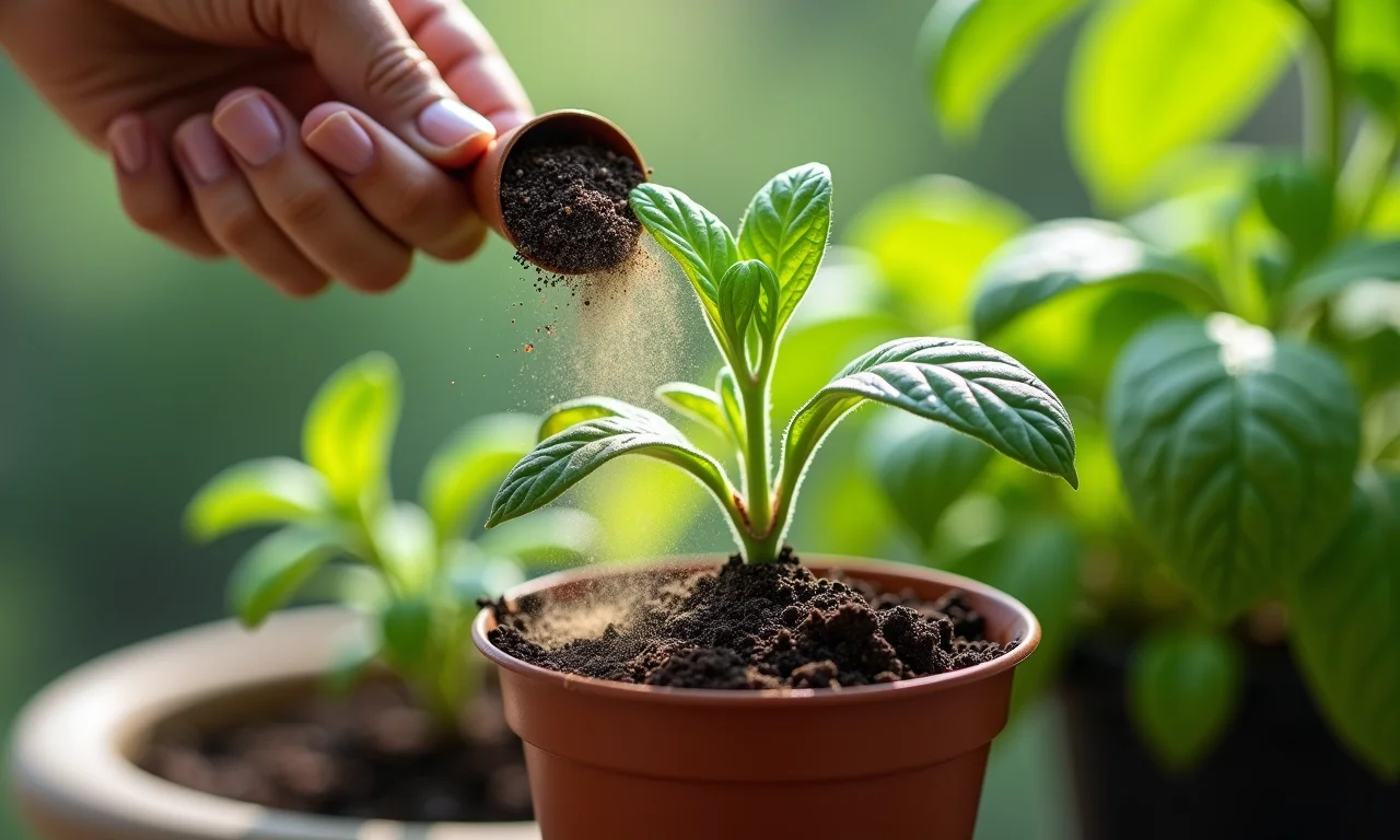 Adubando temperos em vaso.