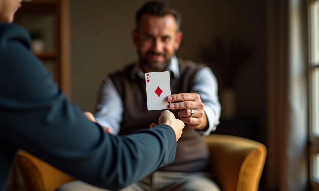 Adulto adivinhando a carta escolhida em truque de baralho.