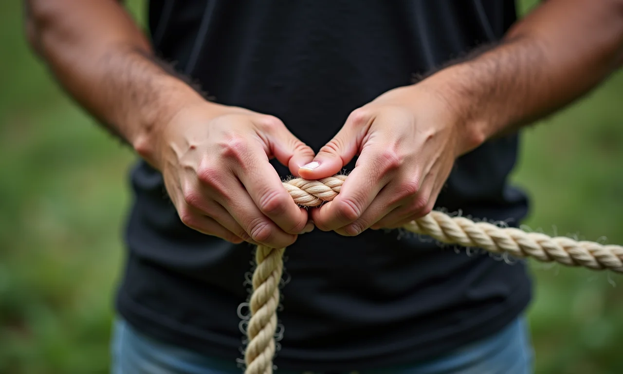 Adulto fazendo um nó mágico em uma corda com uma mão.
