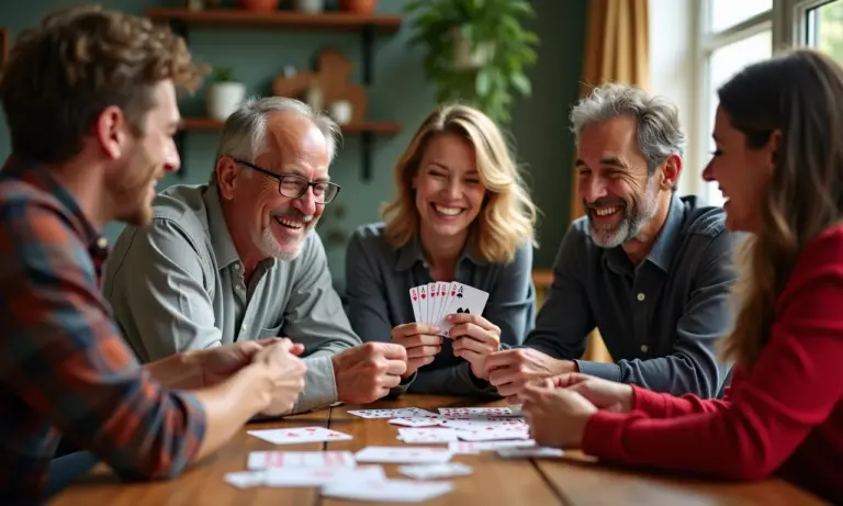 Adultos aprendendo truques de mágica fáceis em um ambiente descontraído.