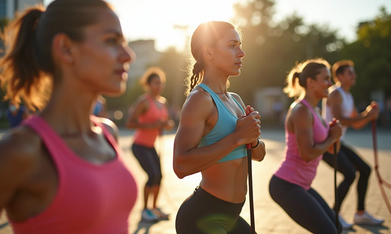 Adultos diversos praticando exercícios de força ao ar livre, demonstrando o fortalecimento muscular proporcionado pela vitamina D.