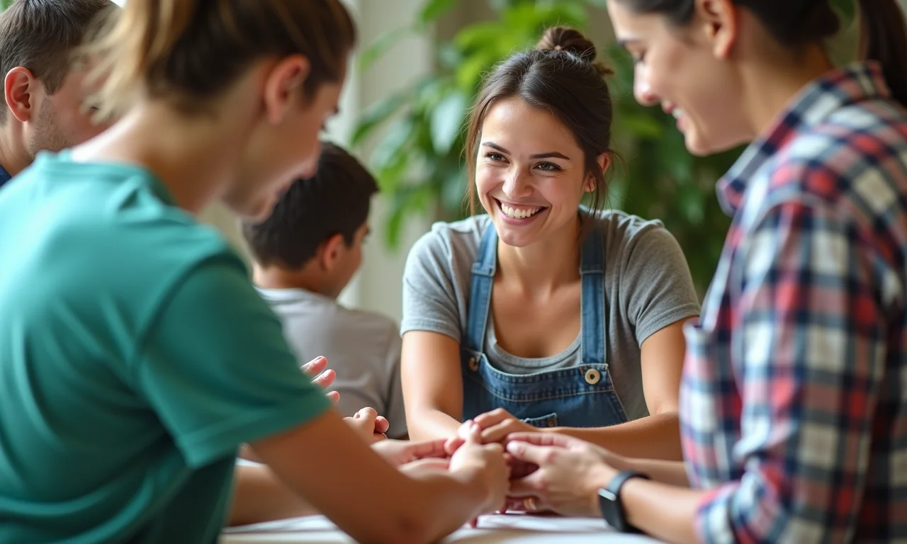 Adultos voluntariando em centro comunitário local.