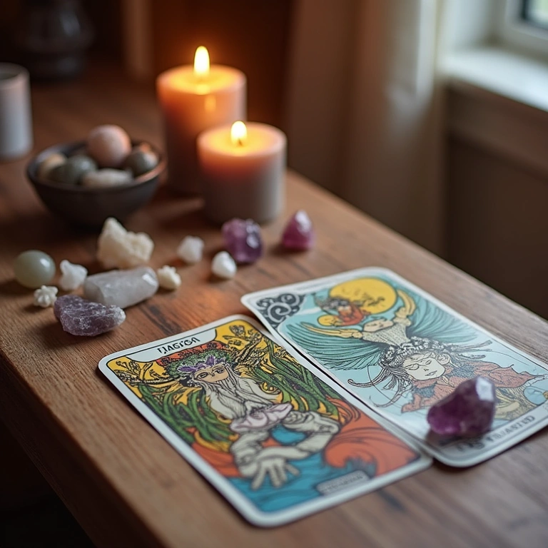 Mesa de consulta de Tarot com cristais e velas.