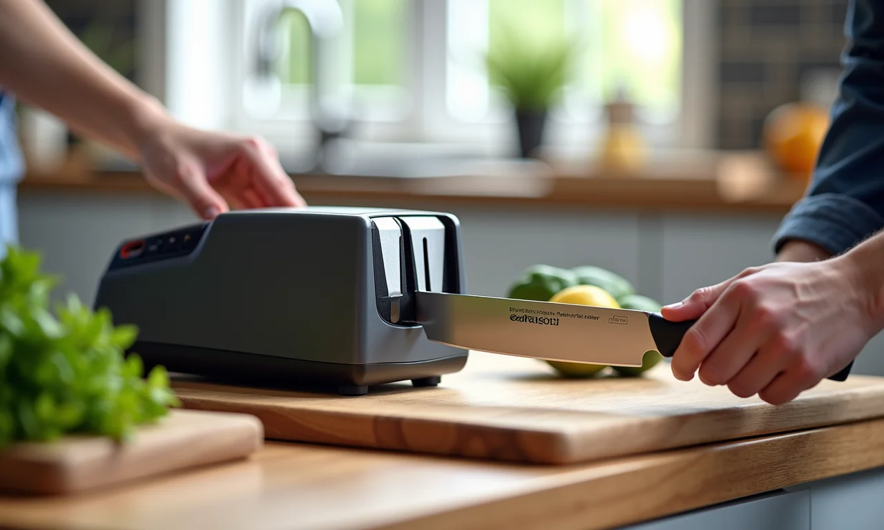 Afiador elétrico de facas em uso.