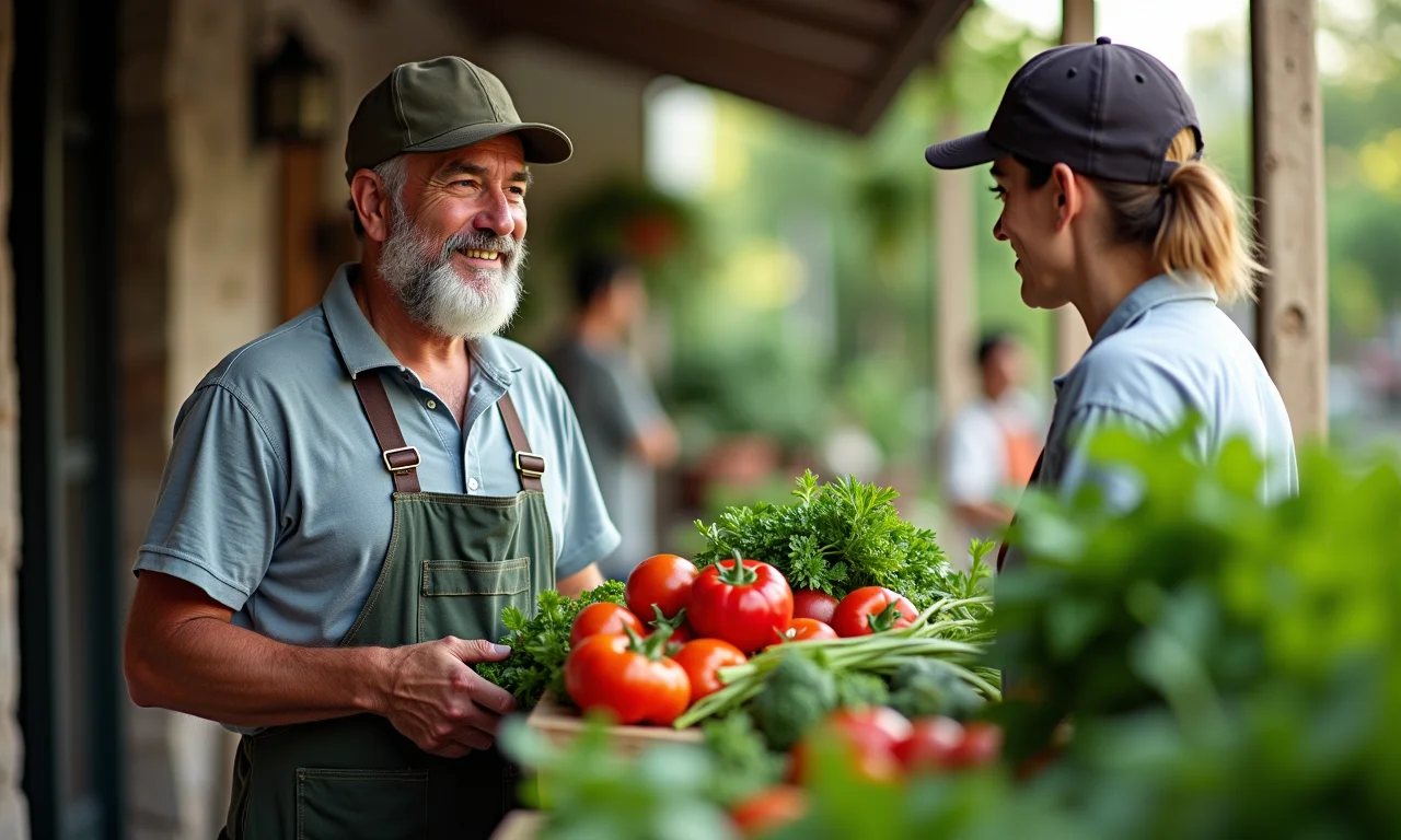 Agricultor vendendo vegetais orgânicos diretamente ao consumidor.