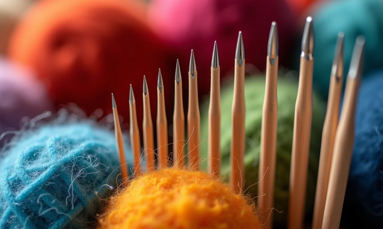 Agulhas de feltragem de diferentes tamanhos e lãs coloridas.