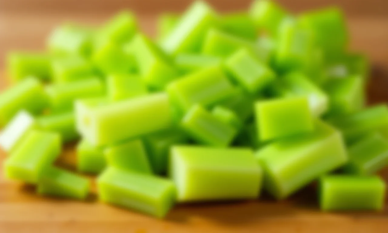 Aipo fresco picado em uma tábua de madeira.