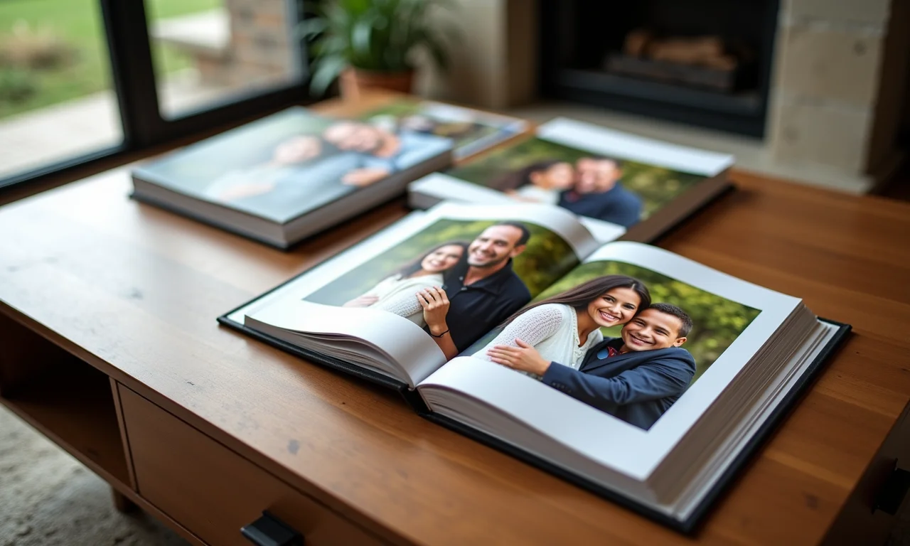 Álbuns de fotos personalizados com memórias queridas em uma mesa de centro.