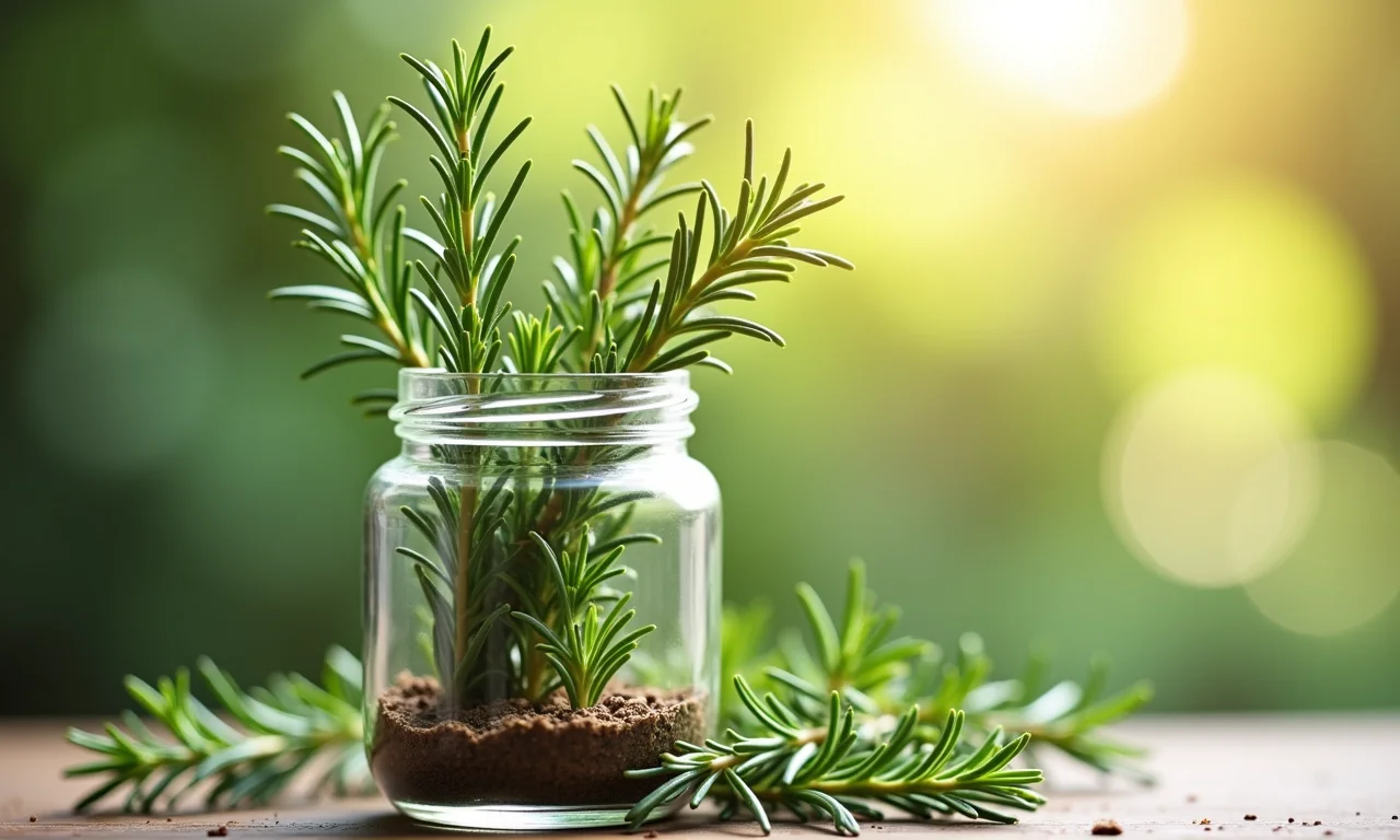 Alecrim fresco num pote de vidro, iluminado pela luz natural.
