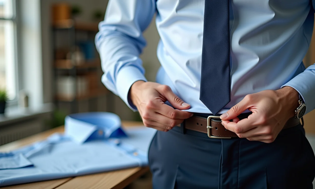 Alfaiate ajustando o comprimento da bainha de uma camisa social.
