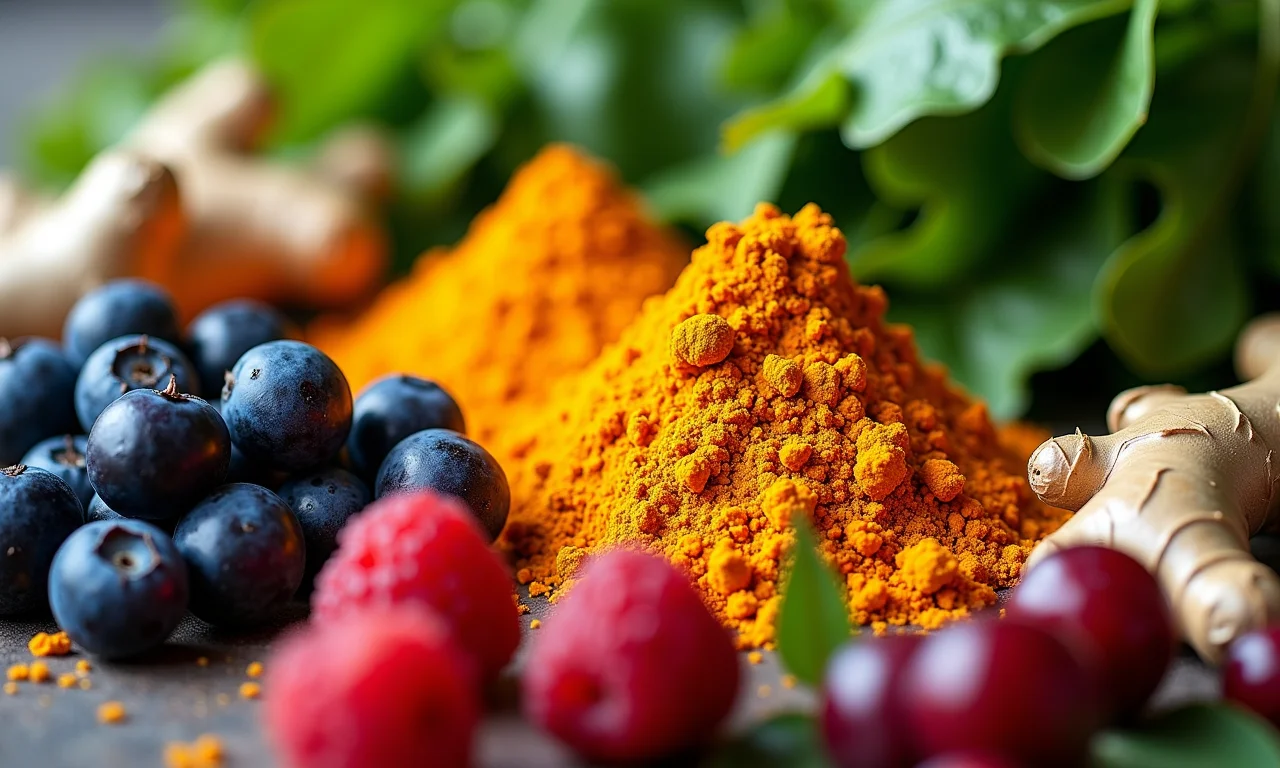 Alimentos anti-inflamatórios como açafrão, gengibre e frutas vermelhas, reduzindo os danos da inflamação causada pela hanseníase.