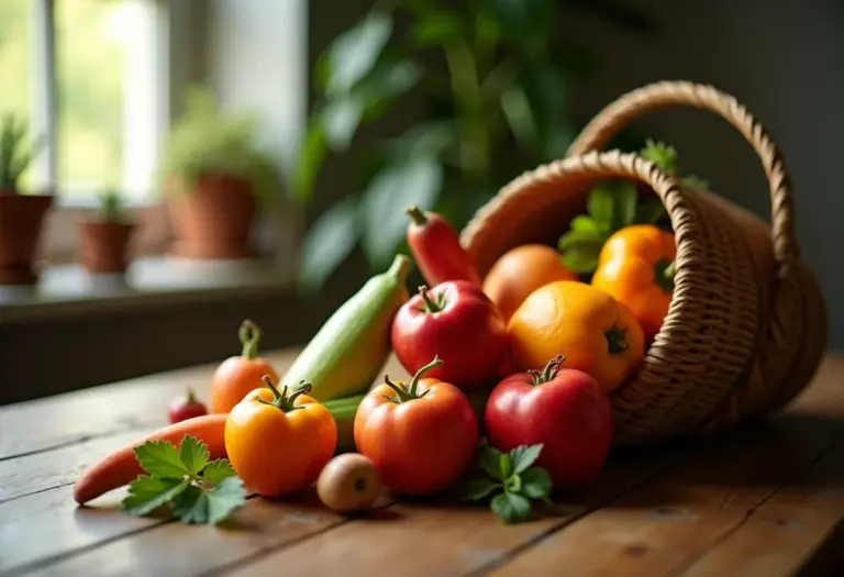 Alimentos frescos e coloridos em uma cesta de madeira.