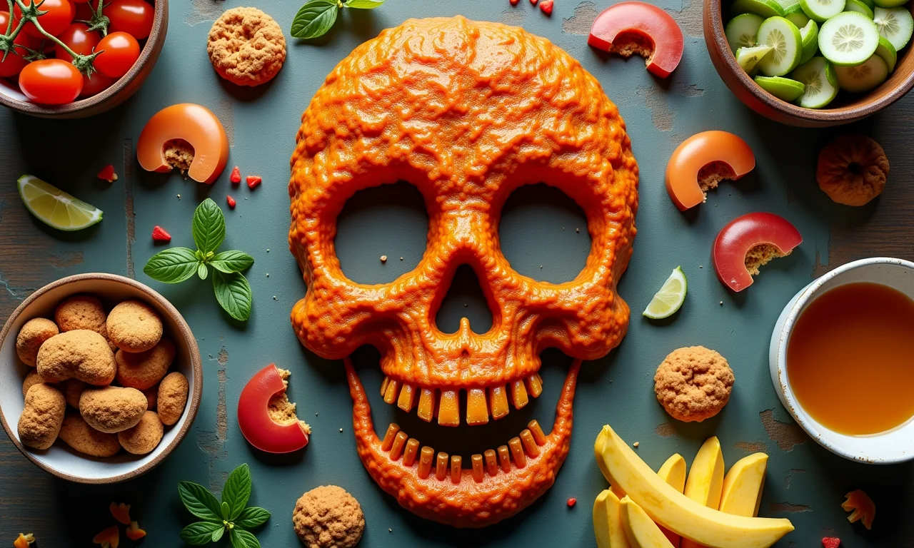 Alimentos que engordam: fuja deles Alimentos que engordam dispostos em formato de caveira em cozinha brasileira.