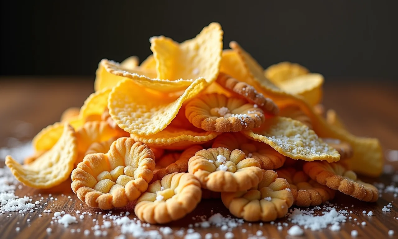 Alimentos ultraprocessados empilhados em uma mesa de madeira.