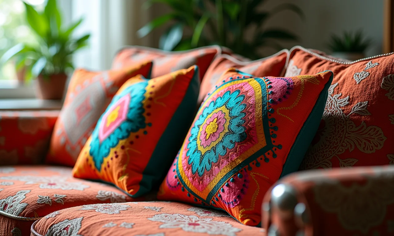 Almofadas decoradas com pintura e bordado de inspiração brasileira.