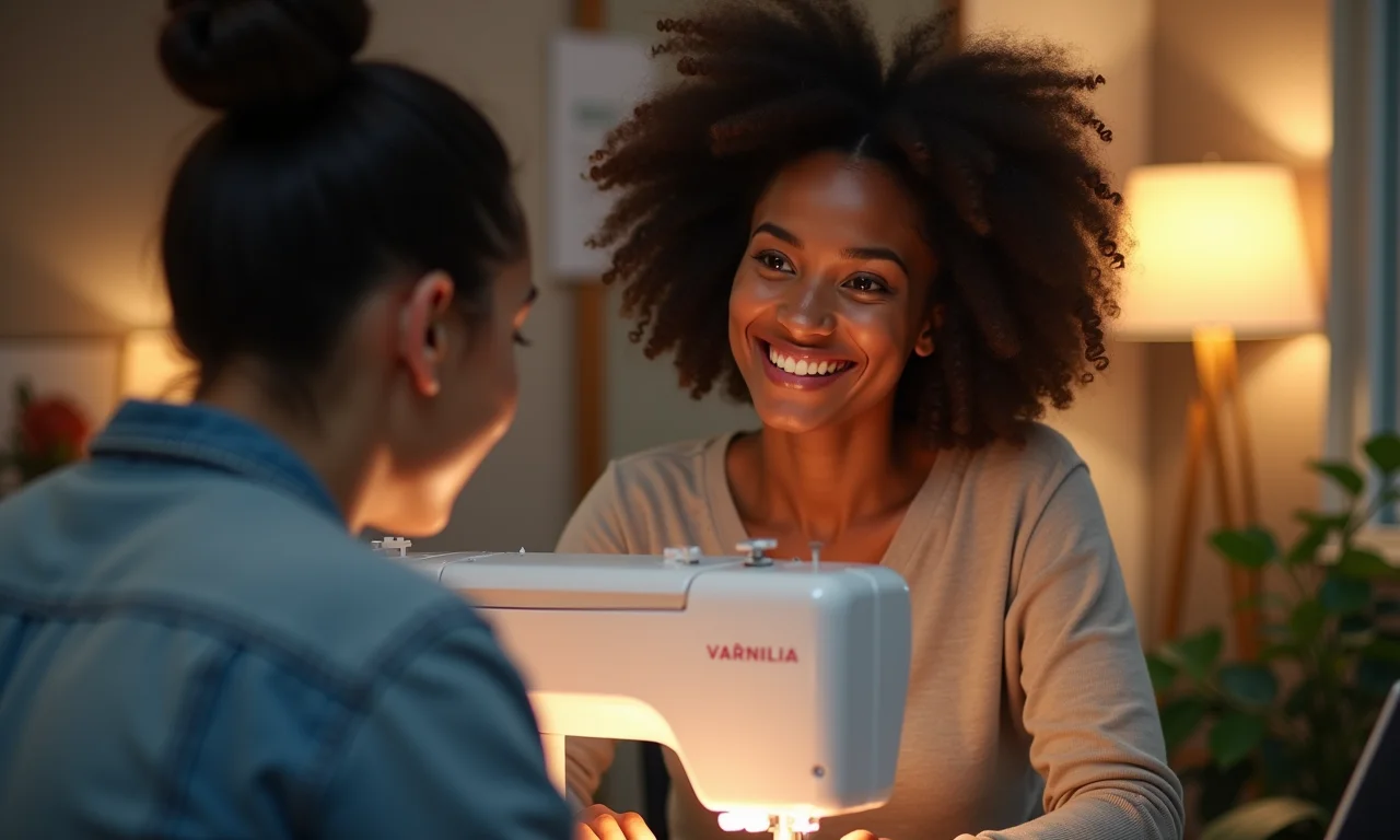 Aluna sorrindo durante interação online com tutor de costura.