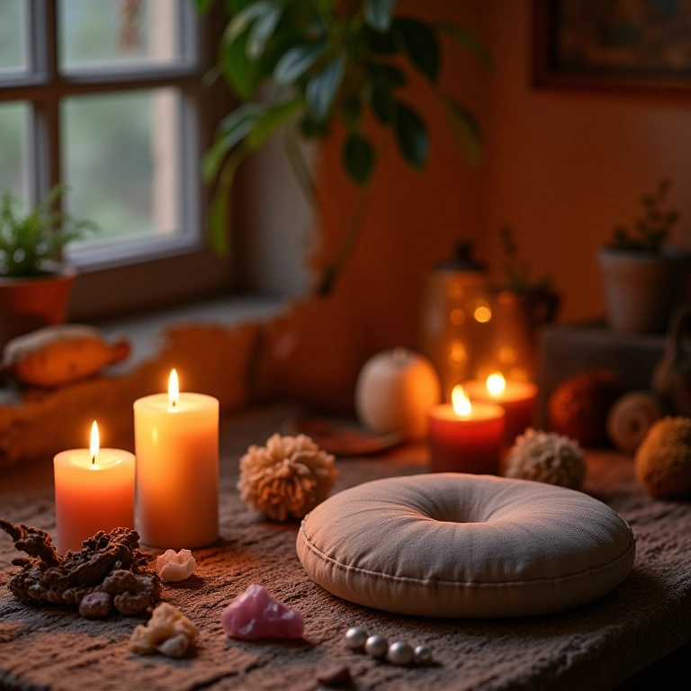 Ambiente acolhedor preparado para ritual de Lua Nova com velas e cristais.