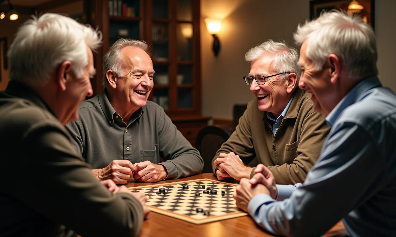 Amigos aposentados jogando um jogo de tabuleiro em uma mesa.