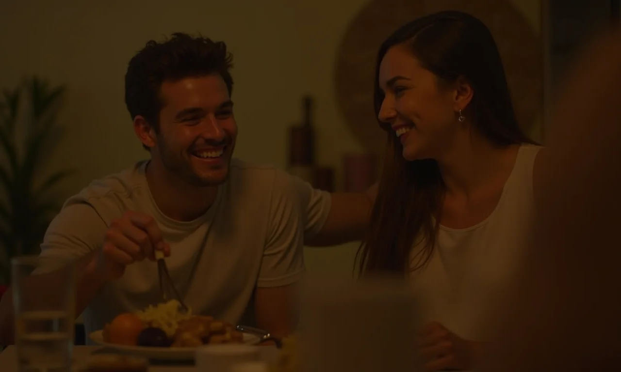 Amigos compartilhando refeição, rindo e expressando gratidão em ambiente acolhedor.