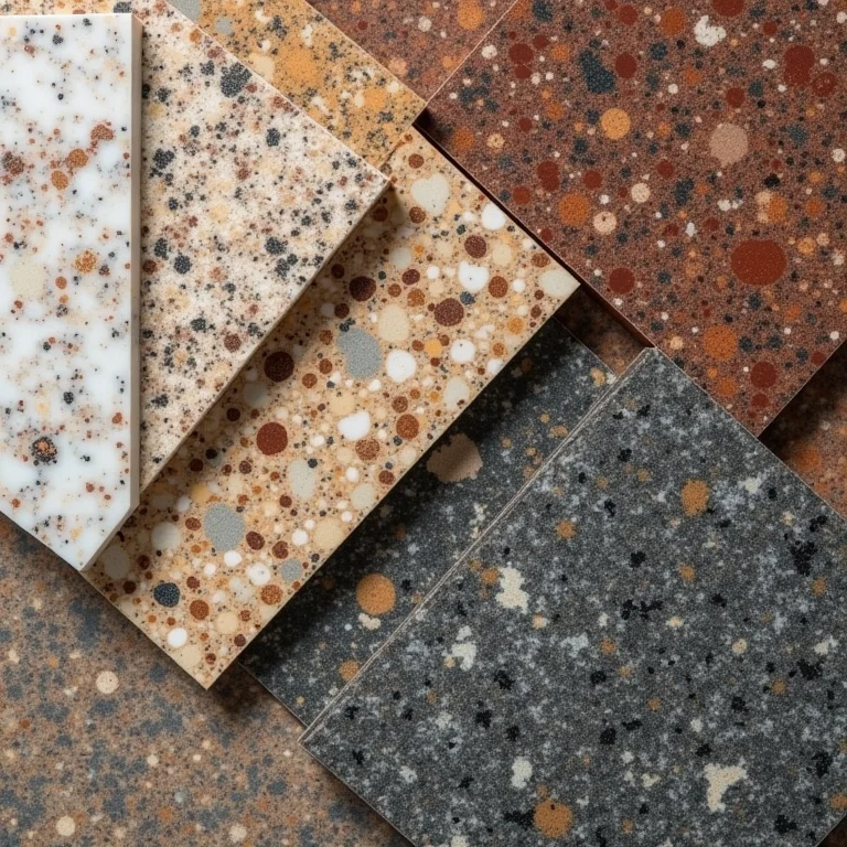 Amostras de bancadas de granito em diferentes cores e texturas