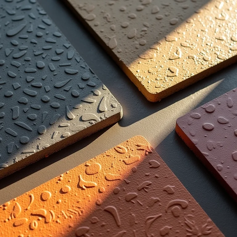 Amostras de pisos de borracha duráveis em várias cores.