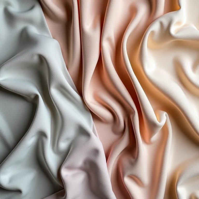 Amostras de tecidos diferentes (algodão, linho, seda) dispostas artisticamente.