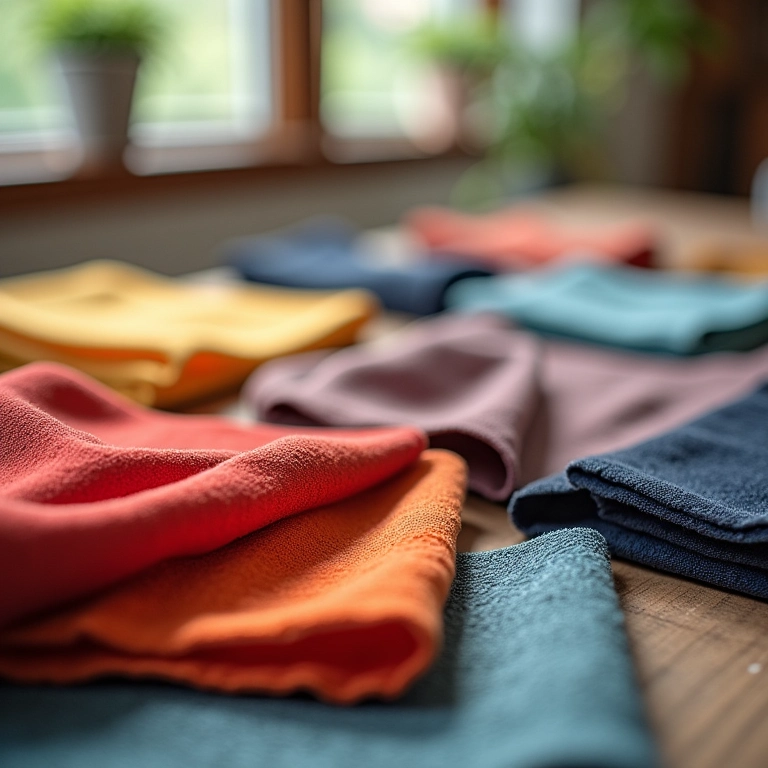 Amostras de tecidos em diversas cores dispostas sobre uma mesa.