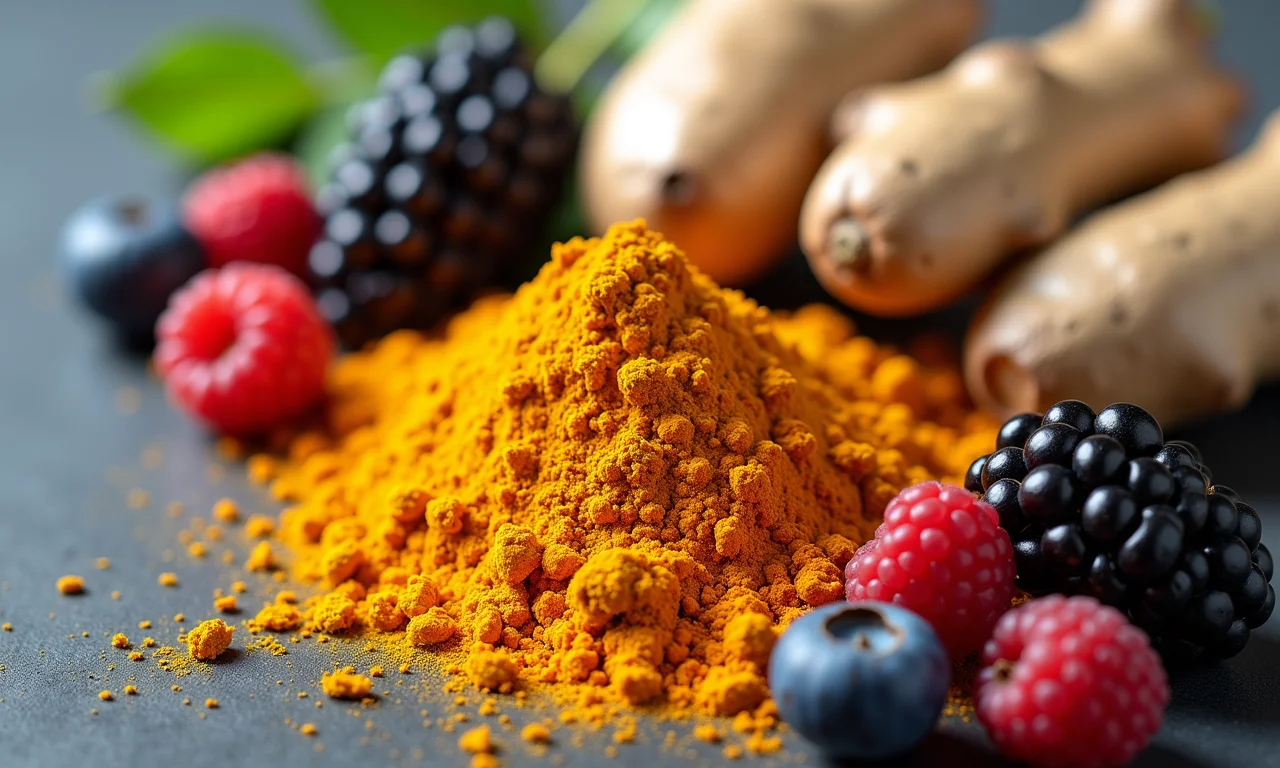 Anti-inflamatórios naturais: cúrcuma, gengibre e frutas vermelhas para combater a inflamação.