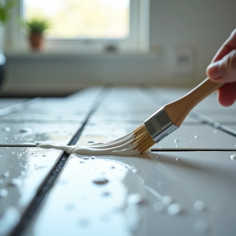 Aplicação de água oxigenada cremosa em rejunte escuro para clareamento.