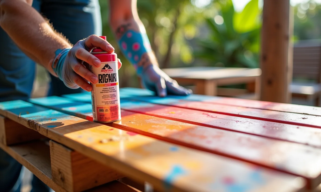 Aplicando tinta spray Montana Colors em um sofá de palete para personalização.