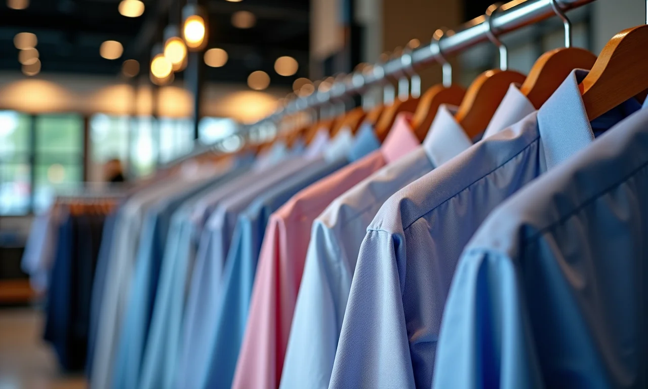 Arara com camisas sociais customizadas em loja moderna.