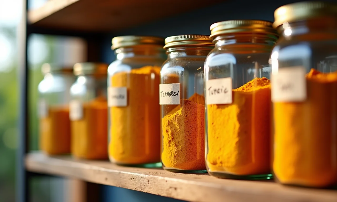 Armazenamento correto de cúrcuma em pote de vidro.