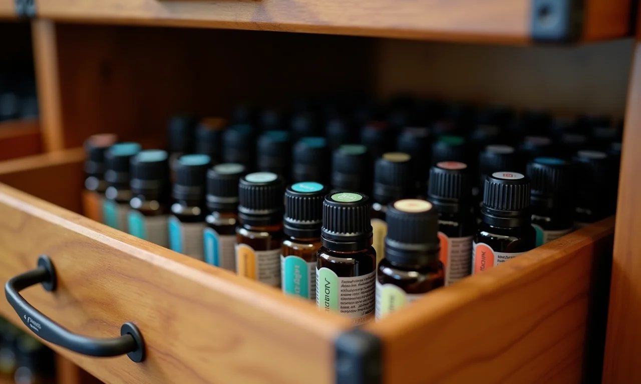 Armazenamento correto de óleos essenciais em caixa de madeira.
