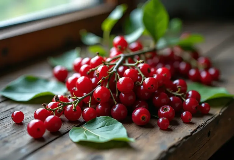 Arranjo de frutas vermelhas e folhas venenosas.
