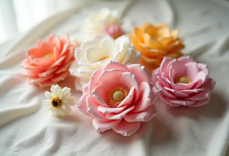 Arranjo delicado de flores de tecido artesanais em tons vibrantes.