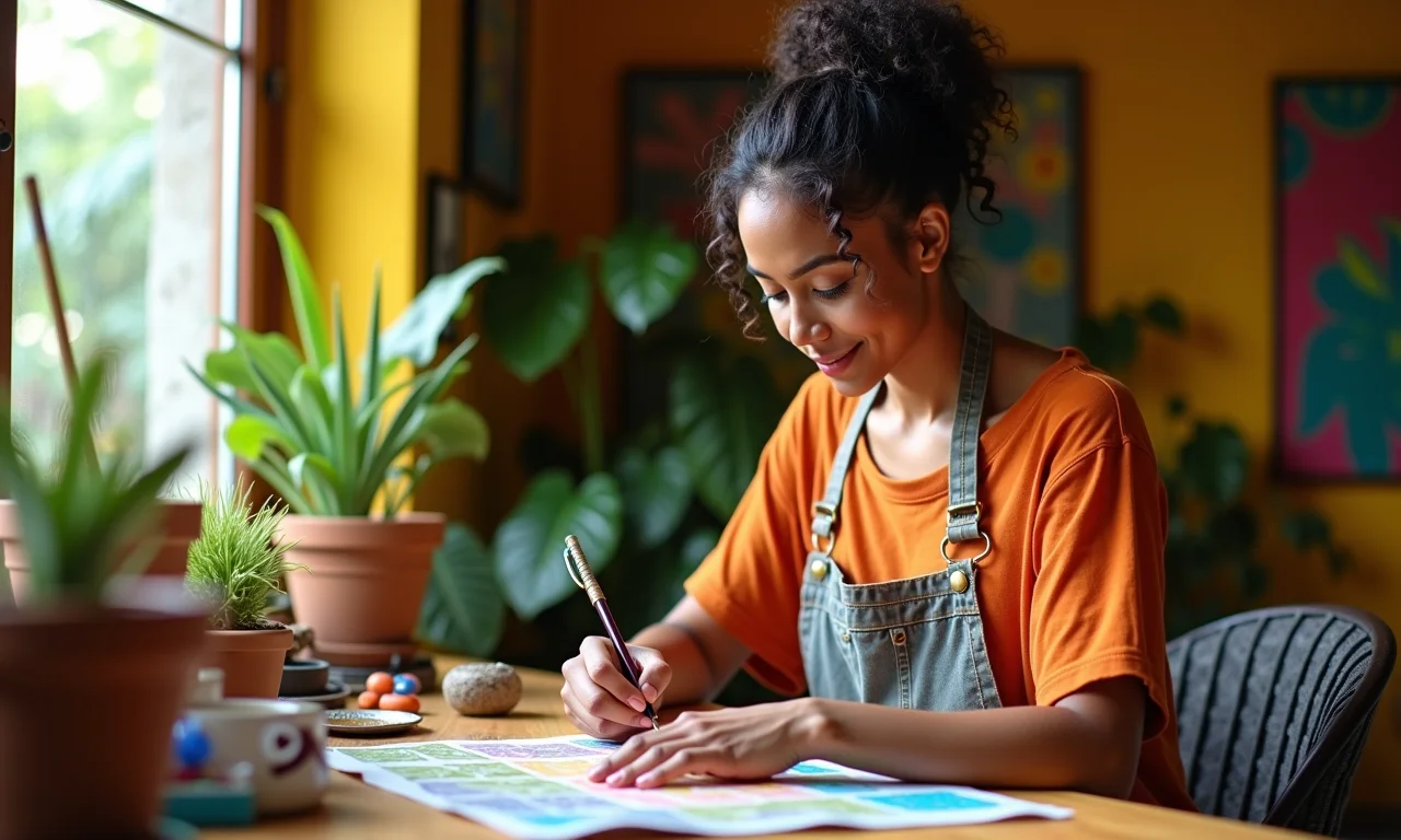 Artesã criando arte inclusiva em apartamento brasileiro.