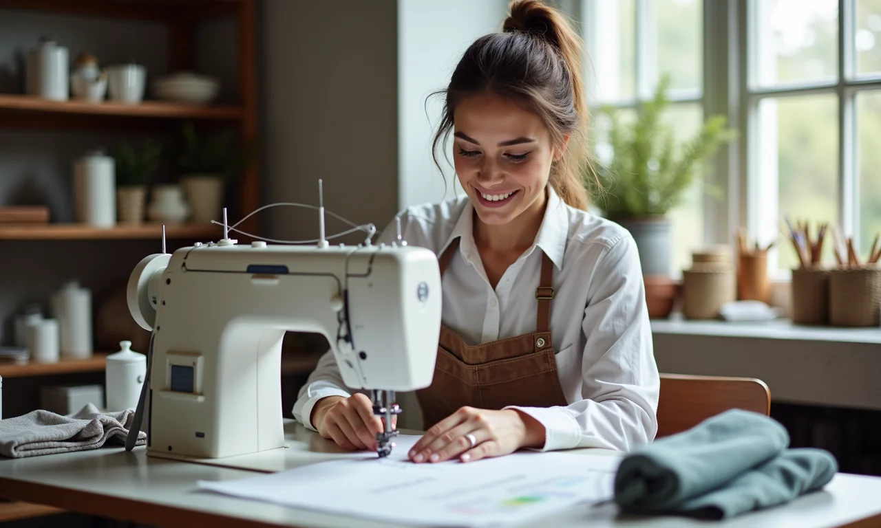 Artesão costurando roupas de produção ética em uma oficina clara e arejada.